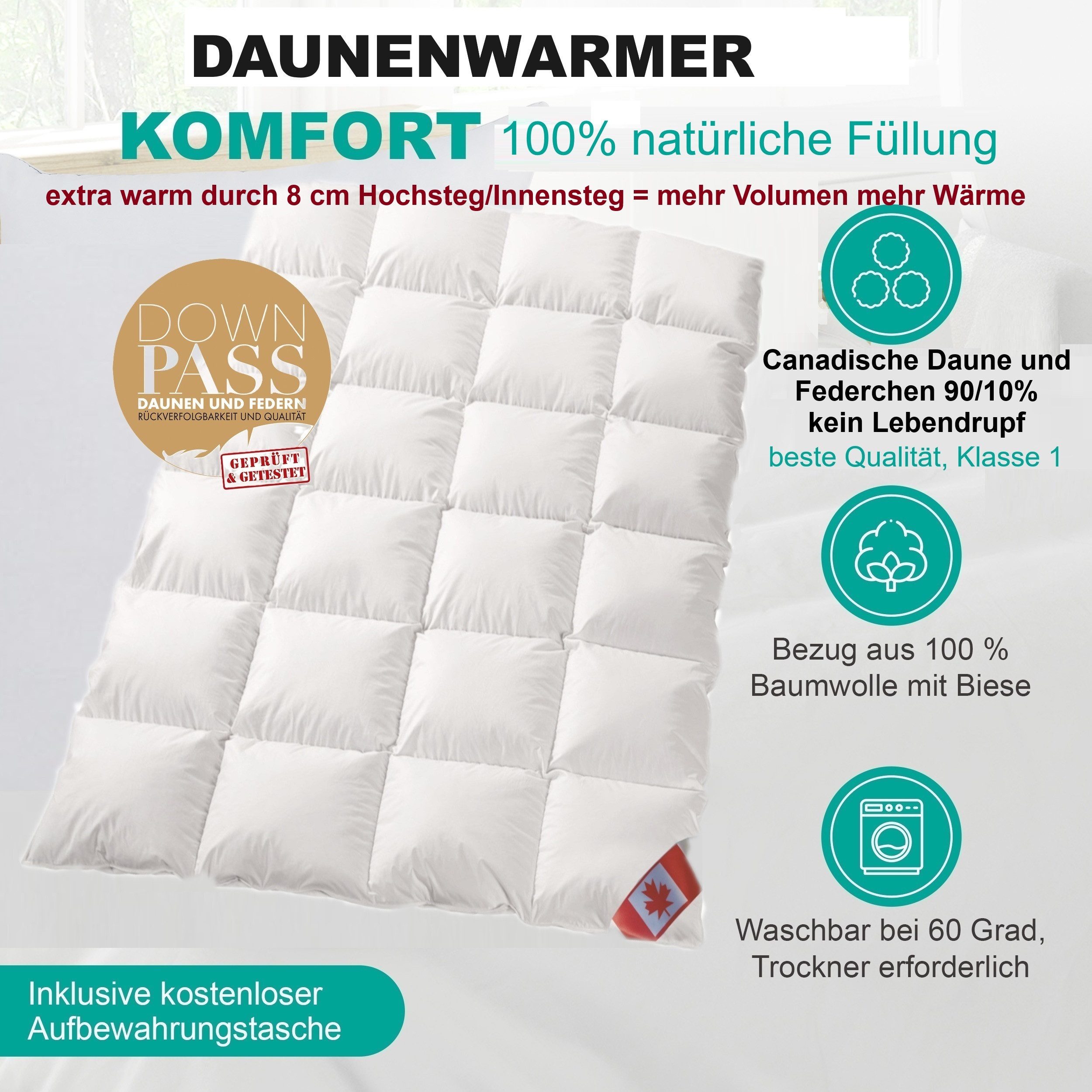 Canada Daunenbettdecke Dreams Luxus extra Winter 8 cm Hochsteg, Füllung: 90% Daunen, 10% Federchen Klasse 1, Bezug: 100% Baumwolle, 8 cm Hochsteg, geprüfte Qual – Bild 3 von 5