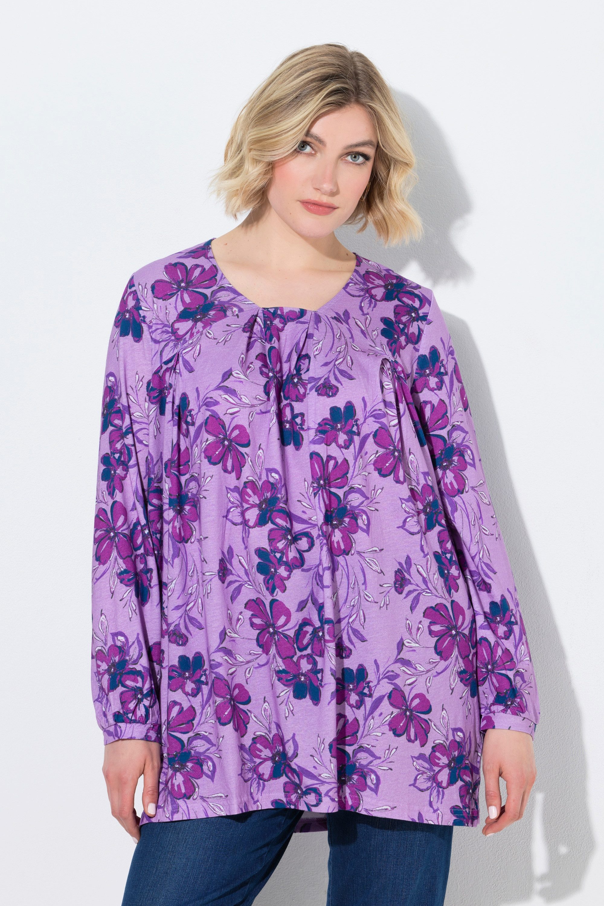 Ulla Popken T-Shirt Shirt A-Linie Zierfalten Carré-Ausschnitt Langarm