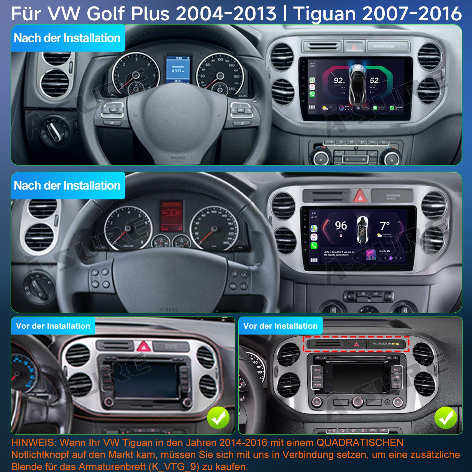 A-Sure 4-Core Android 15 Carplay Navi 2+64GB Für VW Tiguan 5N GOLF Plus Autoradio (Digitalradio (DAB), FM, AM, 4Core)