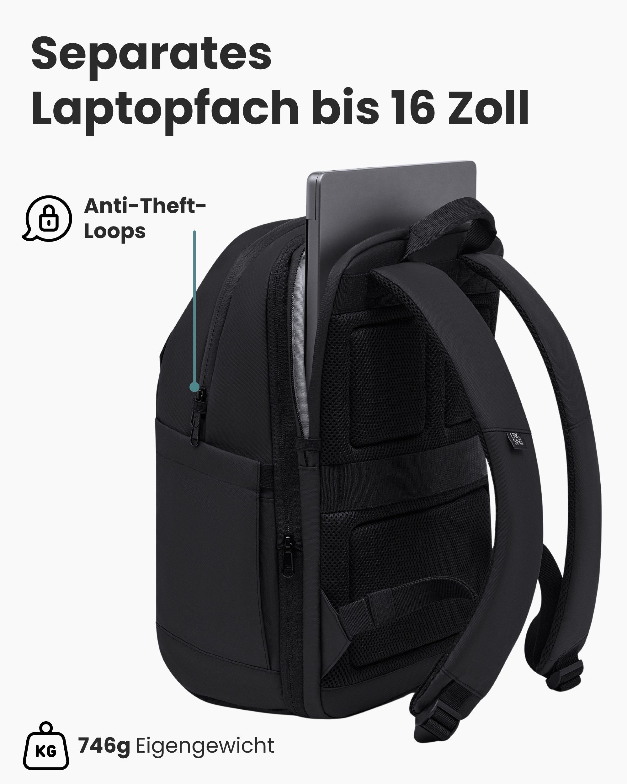 LARKSON Rucksack Bjarne Small Business Arbeitsrucksack für Herren, Handgepäck mit 16“ Laptopfach & Anti-Diebstahl-Loops – Bild 5 von 5
