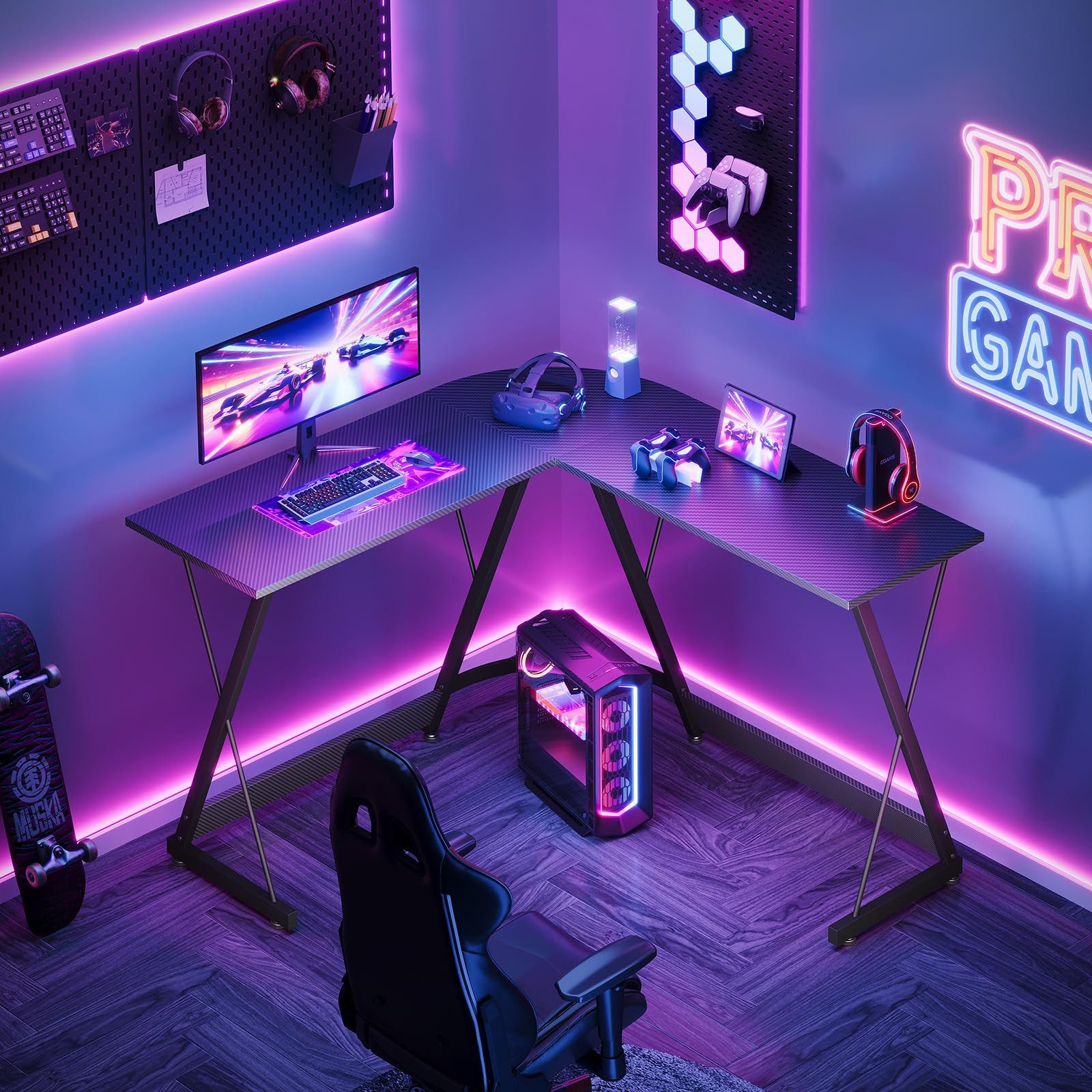 ODK Gamingtisch L Form 120cm – Eckschreibtisch in Kohlefaser Optik (1-St), Platzsparender Computertisch für Büro, Gaming & Streaming