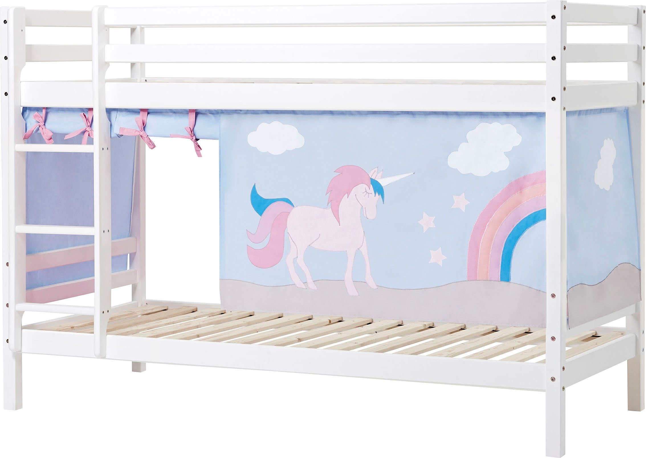 Hoppekids Etagenbett ECO Dream, 90x200 weiß massiv m. Matratze & Vorhang Bonnieblau