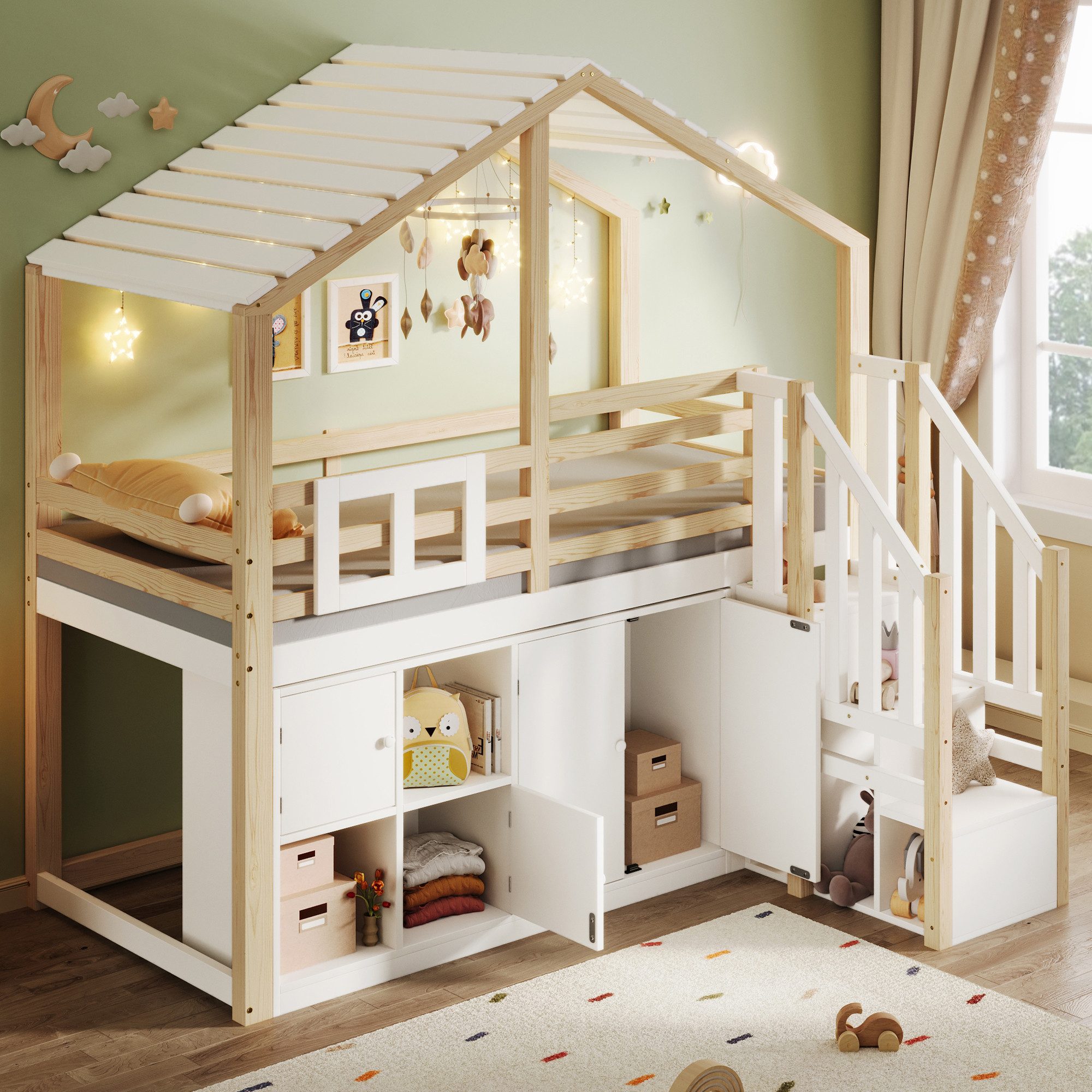 Merax Hochbett 90x200cm mit Dach in Hausform (1-St., Jugendbett Einzelbett) Massiv Kinderbett mit Stauraumtreppe Schließfächer Bettgitter Fenster – Bild 3 von 5