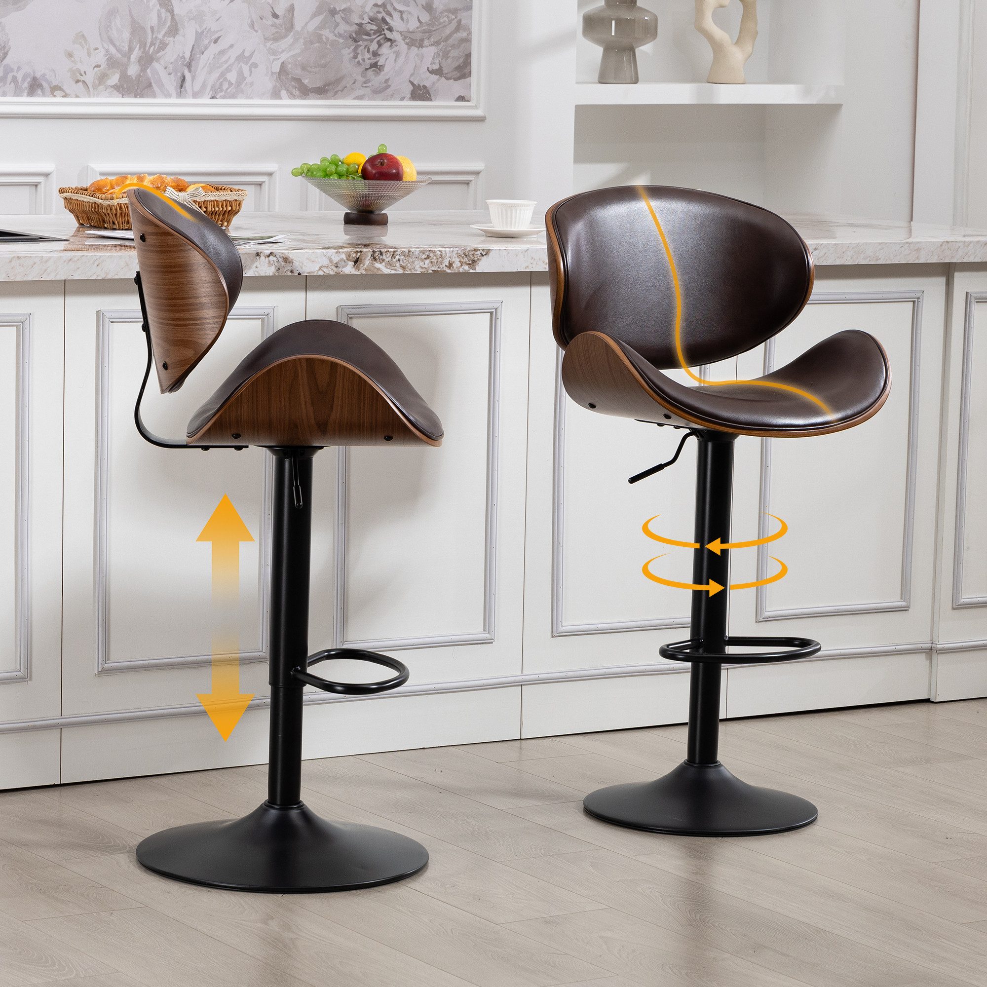 Totnz Barhocker Barstuhl 2er-Set, 360° drehbar und höhenverstellbar (2 St), PU-Leder mit Holz, Barstuhl mit Rückenlehne und Fußstütze