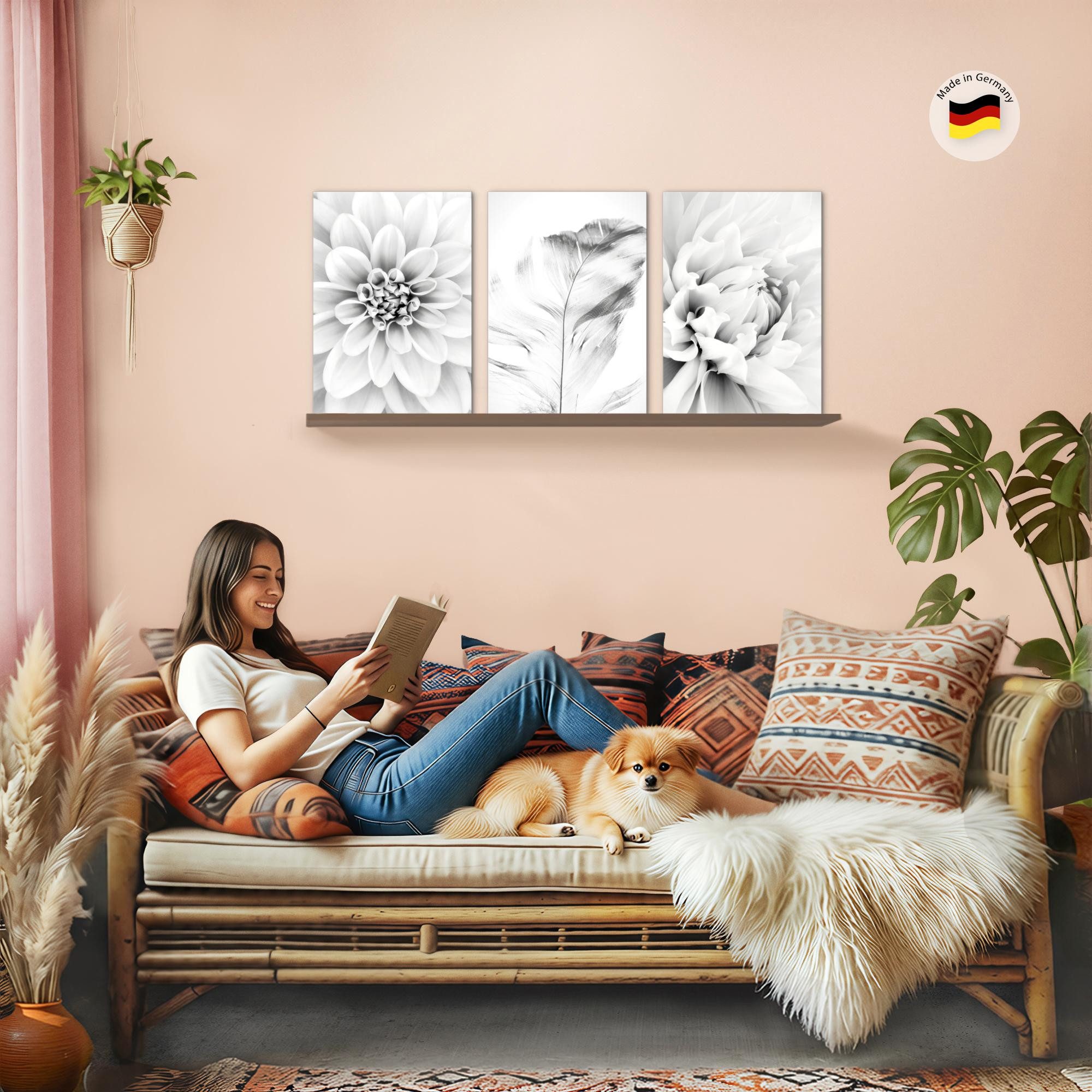 Novart Wandbild Bilder Blumen Vintage AUFHÄNGFERTIG für Flur Deko Grau N033536b, 40 x 60 cm - 3 Bilder