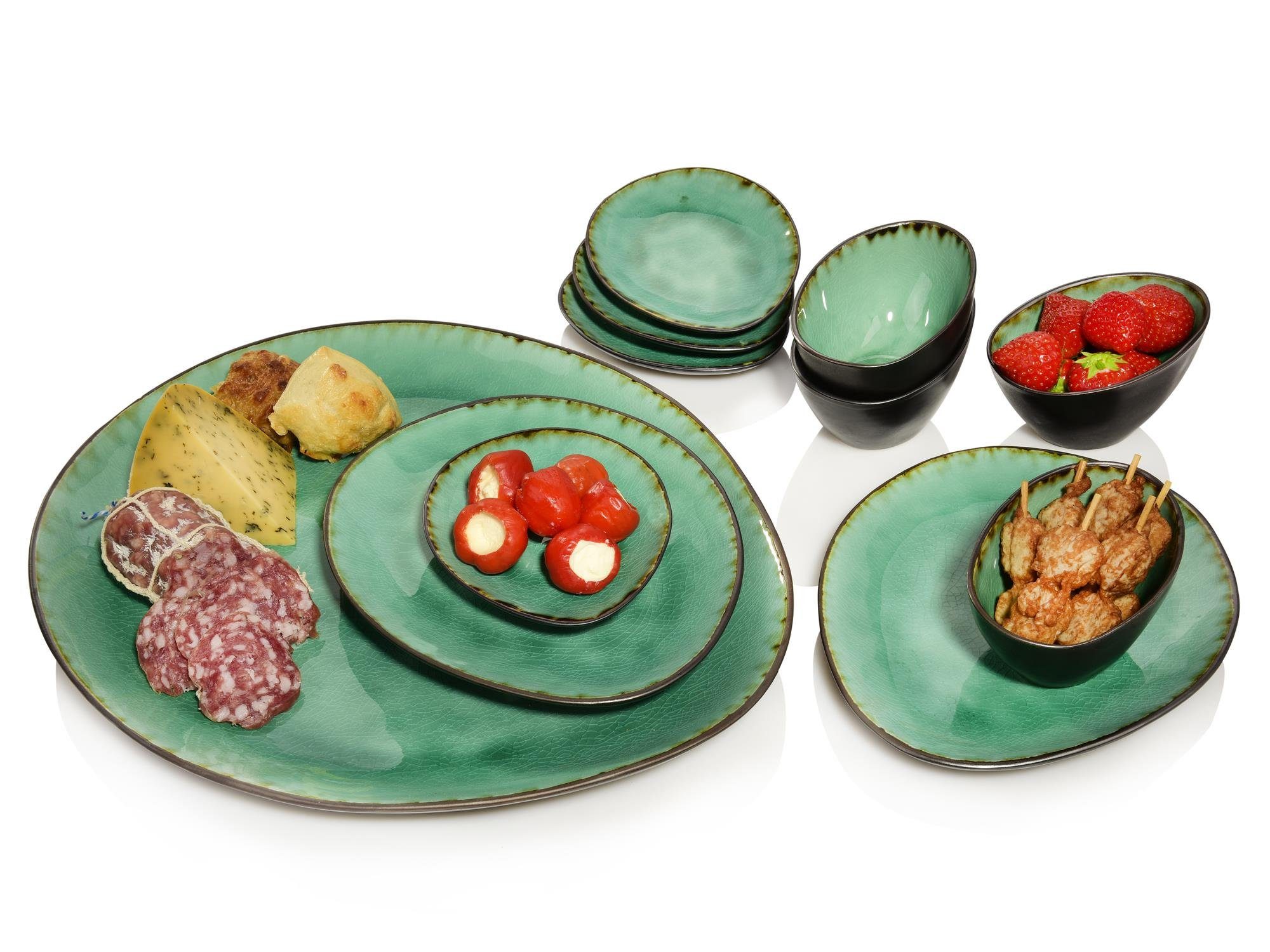 SÄNGER Servier-Set Palm Beach, Grün Schwarz, Steingut, (Set, 11-tlg., 1x Servierplatte, 2x Dessertteller, 4x Dipschale, 4x Unterteller), Handmade, Premium Collection