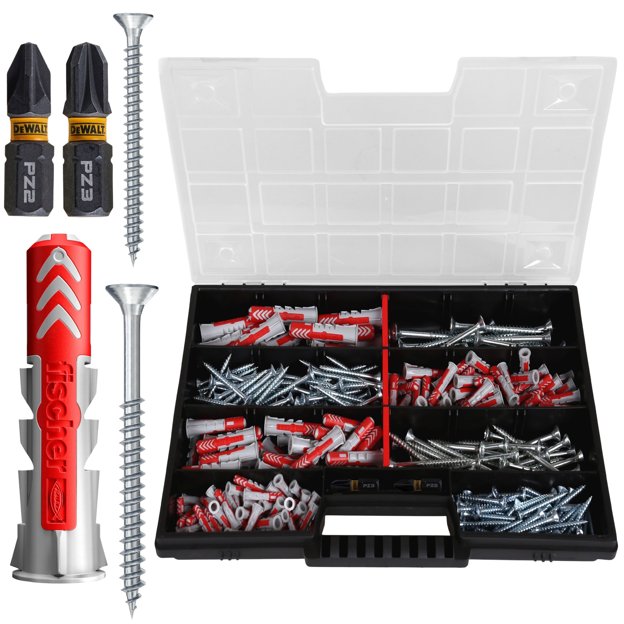 fischer Schrauben- und Dübel-Set Fischer DuoPower Dübel-Set + DeWalt PZ2/PZ3 Bits, 342 Teile