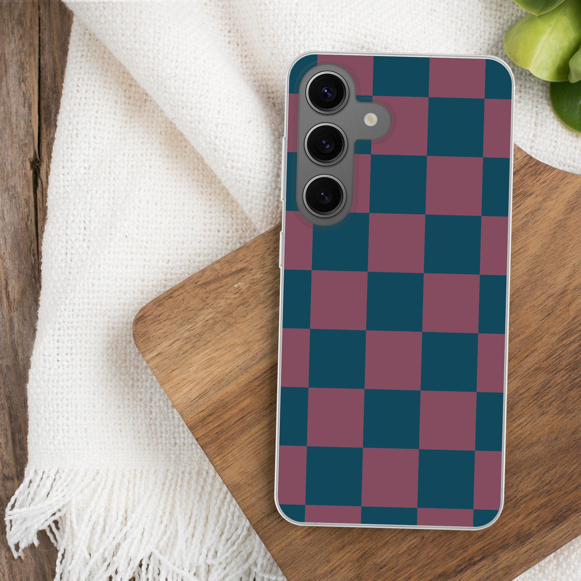 MuchoWow Handyhülle für Samsung Galaxy S24 Schachbrett Druck - Blau - Rot - Würfel, Phone Case, Silikon, Schutzhülle Dünn