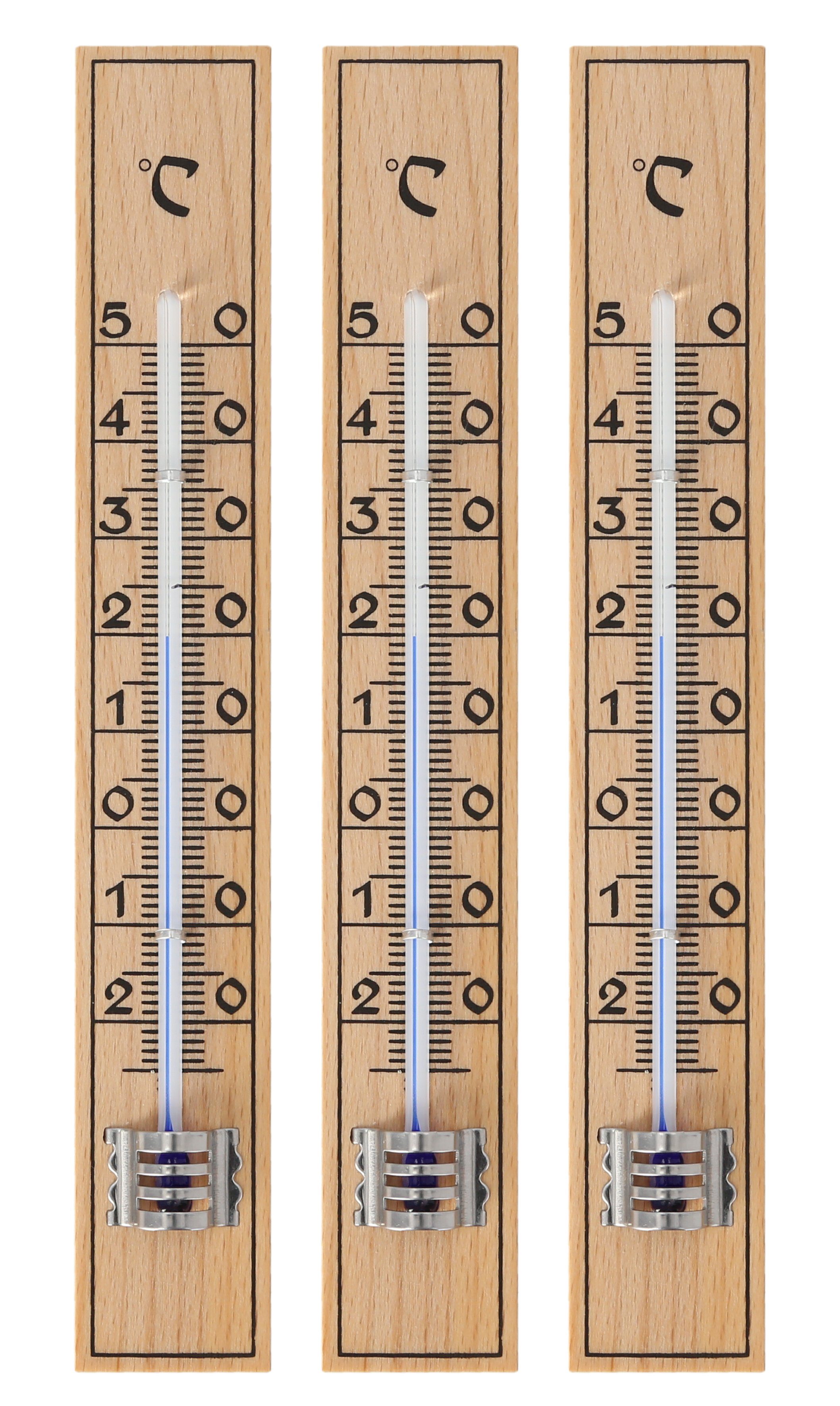 Lantelme Raumthermometer Holz 3 Stück Set Außenthermometer Innen Außen Garten Thermometer, 3-tlg., Holzthermometer Auswahl 3 oder 5 Stück Set, Deutsche Herstellung, Temperaturanzeige -25 bis 50°C Analog, 17cm Lang