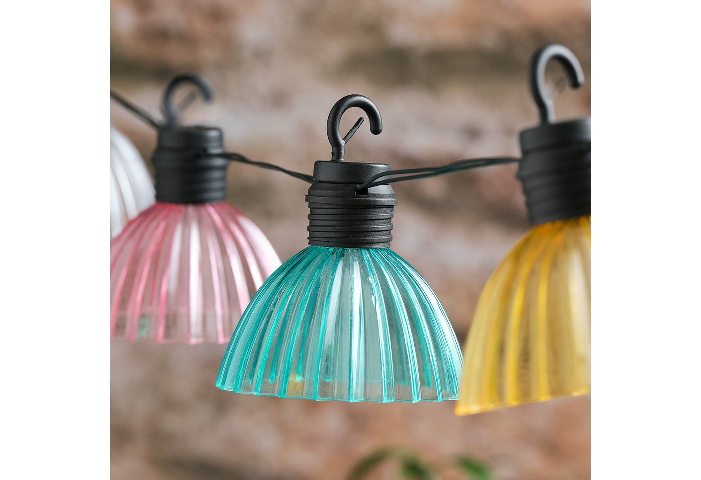 Lights4fun LED-Lichterkette Solar Lichterkette Pastellfarben „Lustre“ – 10 warmweiße LEDs, 8 Effek