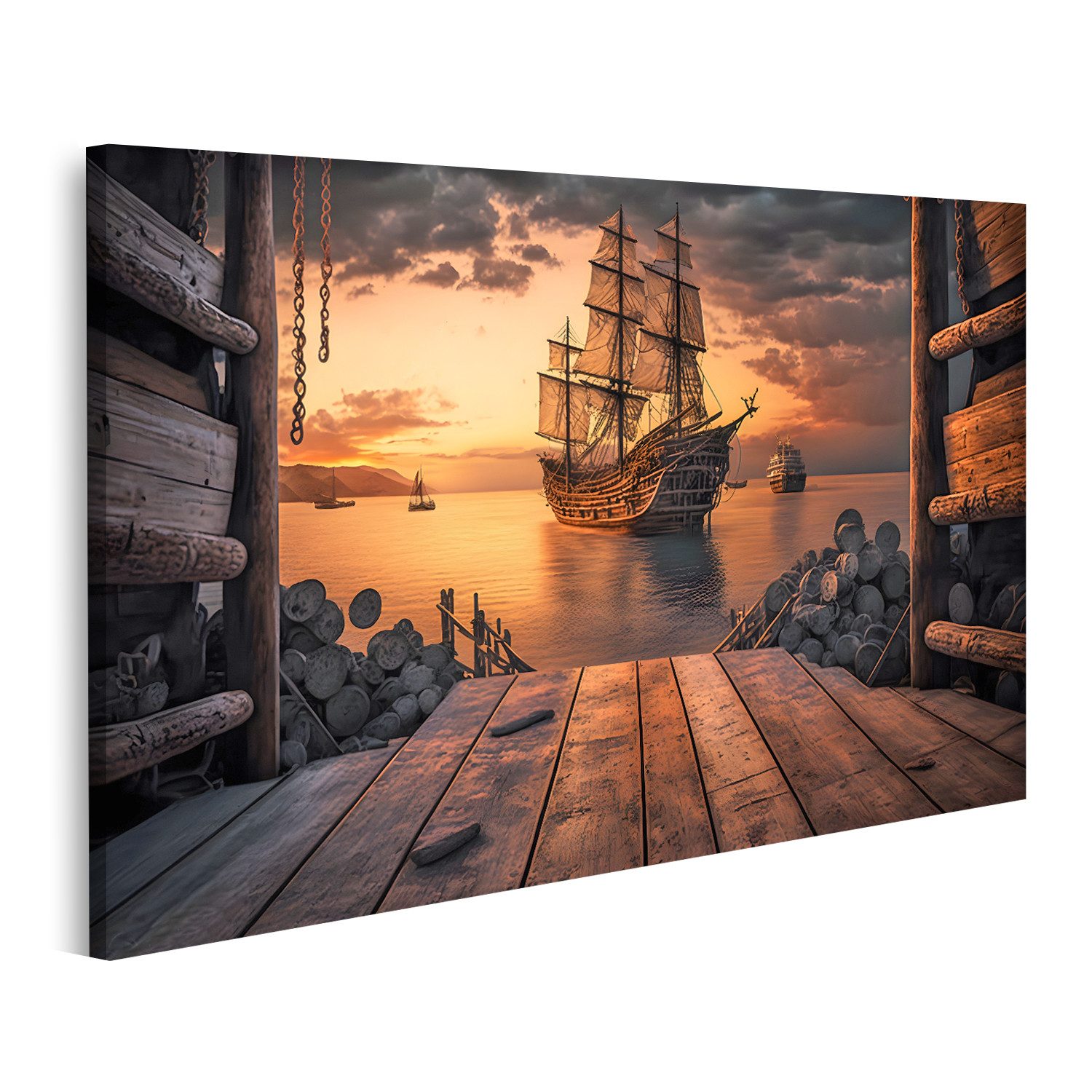 Leinwandbild Piratenschiff im Hafen mit Blick auf alte Segelschiffe Meer Bilder