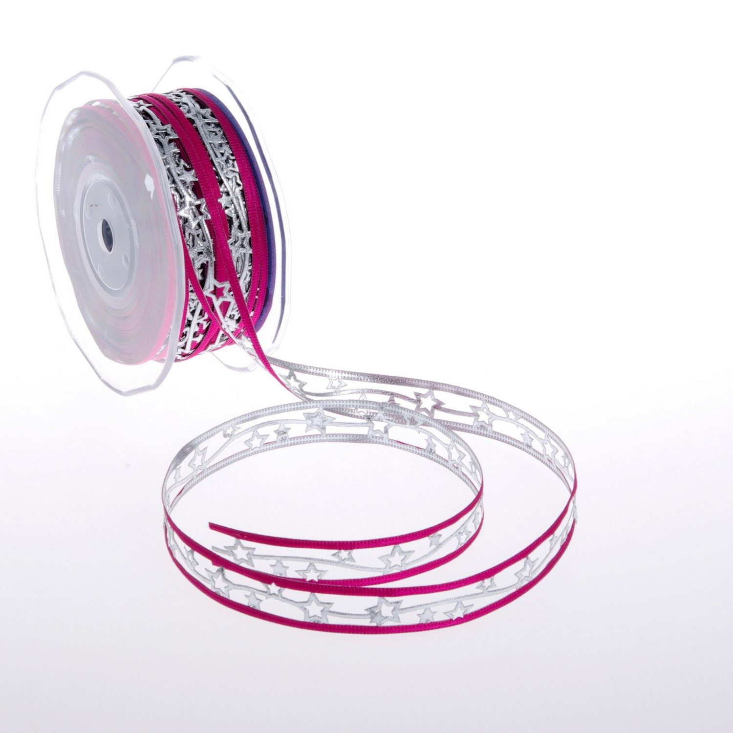 Deko AS Dekoband Weihnachtsband mit Sternchen - fuchsia/silber - 15 mm Breite - 20 m L