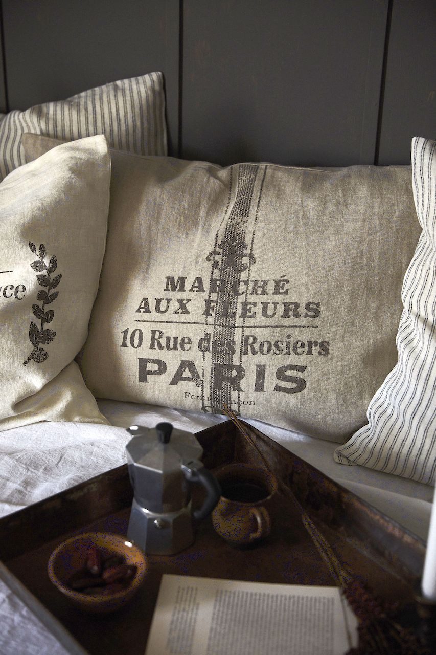 Femme Facon Kissenhülle Kissenhülle Marché No7 Leinen ALIMENT Vintage Reißverschluss 2 Größen, Luxus Kissenhülle aus 100 Prozent Bio Leinen mit Vintage Sack Druck