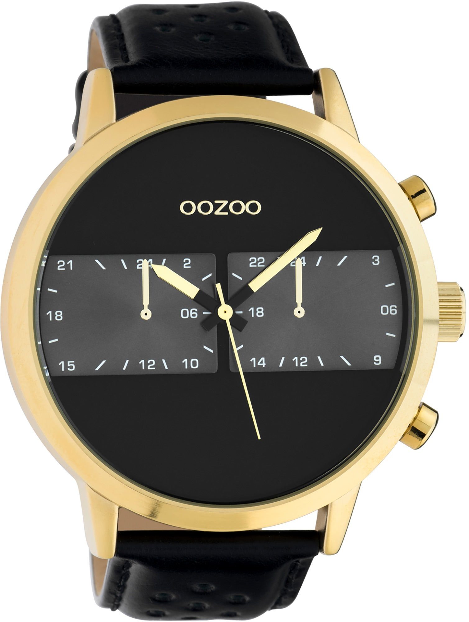 OOZOO Quarzuhr Oozoo Herren Armbanduhr schwarz Analog, Herrenuhr rund, extra groß (ca. 50mm) Lederarmband, Fashion-Style