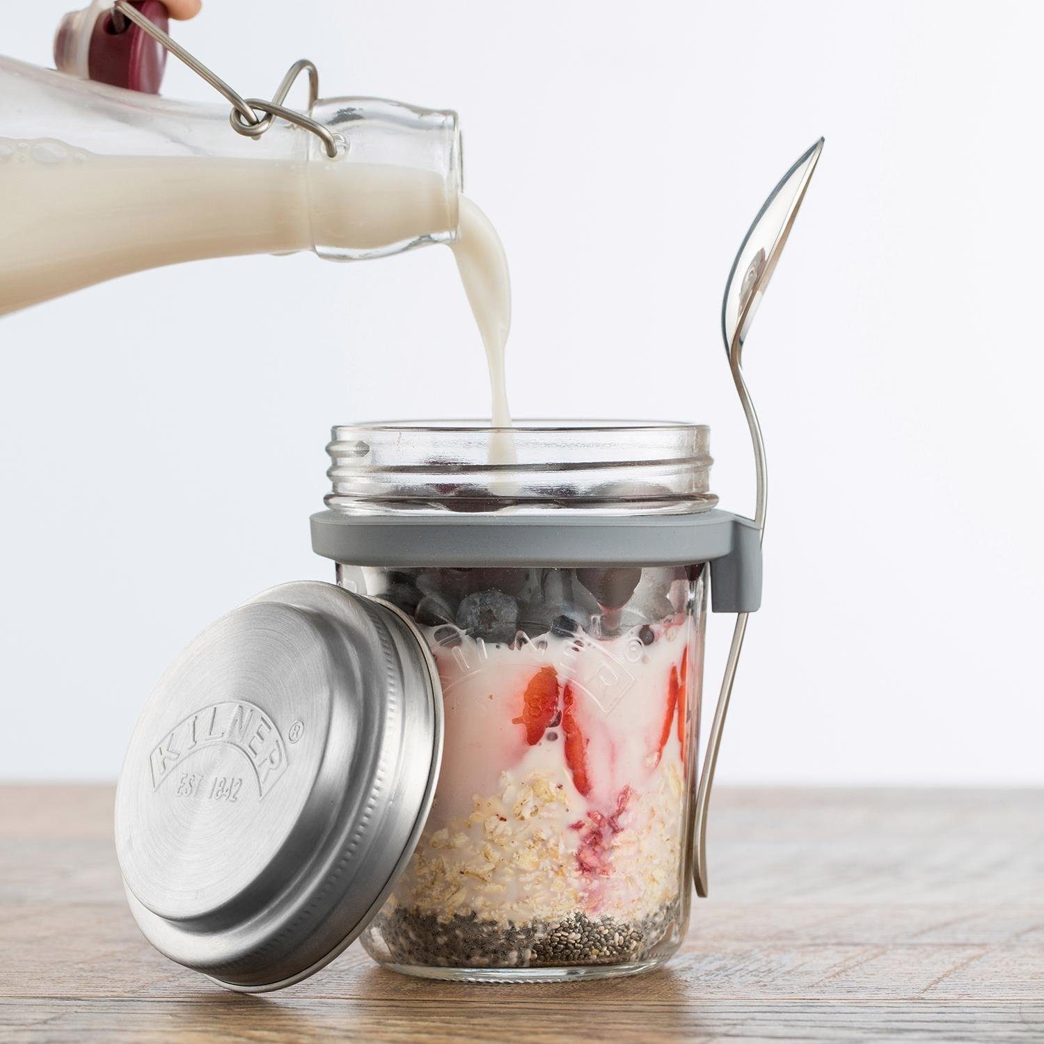 KILNER Vorratsglas, Edelstahl, Glas, (1-tlg), inkl. 350 Jogurth, Frühstücksglas für ml Edelstahllöffel, Quark