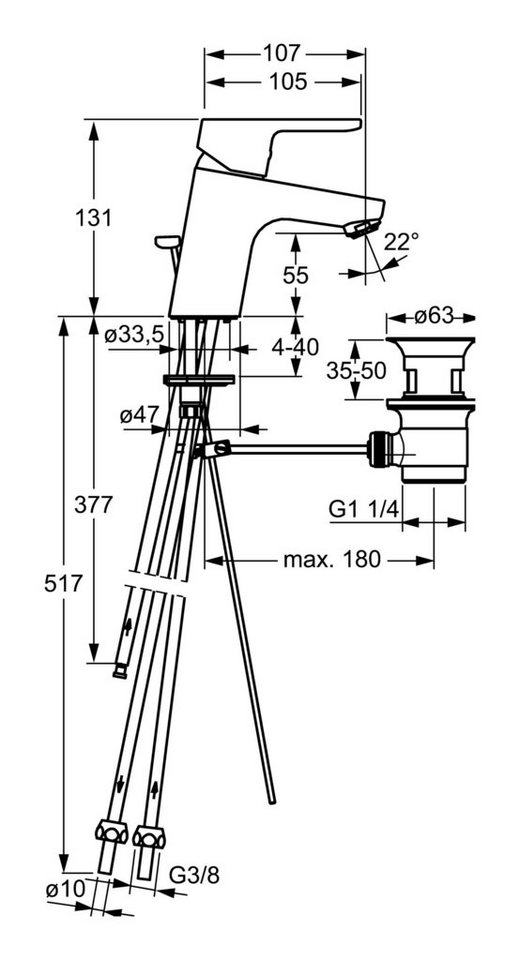 Thumbnail - HANSA Waschtischarmatur Hansaprimo Einhand-Einlochbatterie für offene Heißwasserbereiter Ausladung 107 mm