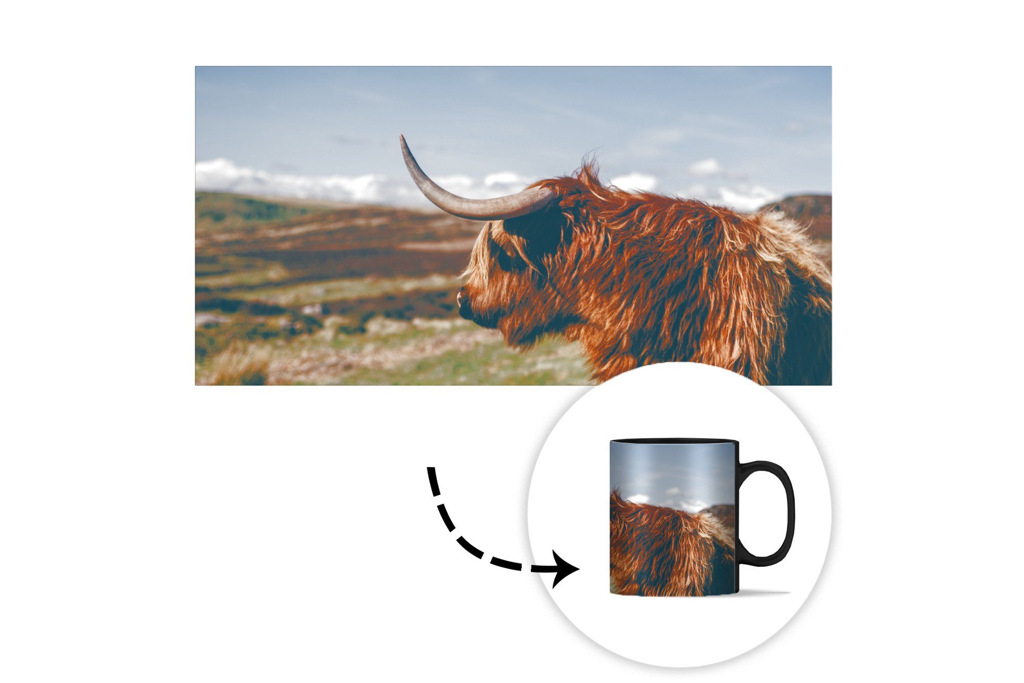 Highlander Kaffeetassen, MuchoWow Tasse - Teetasse, Farbwechsel, Geschenk Schottischer Keramik, Himmel, Berg - Zaubertasse,