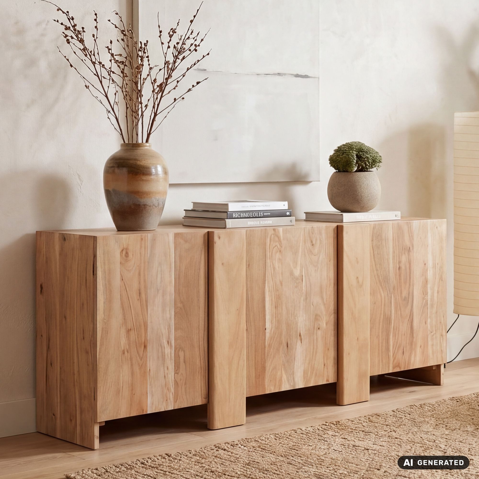 FINEBUY Sideboard FB119495 Anrichte 165cm Wohnzimmer Schrank Esszimmer Groß Modern (Massive Kommode aus Akazienholz mit 3 Türen), Braune Holzkommode mit 6 Fächern Handmade