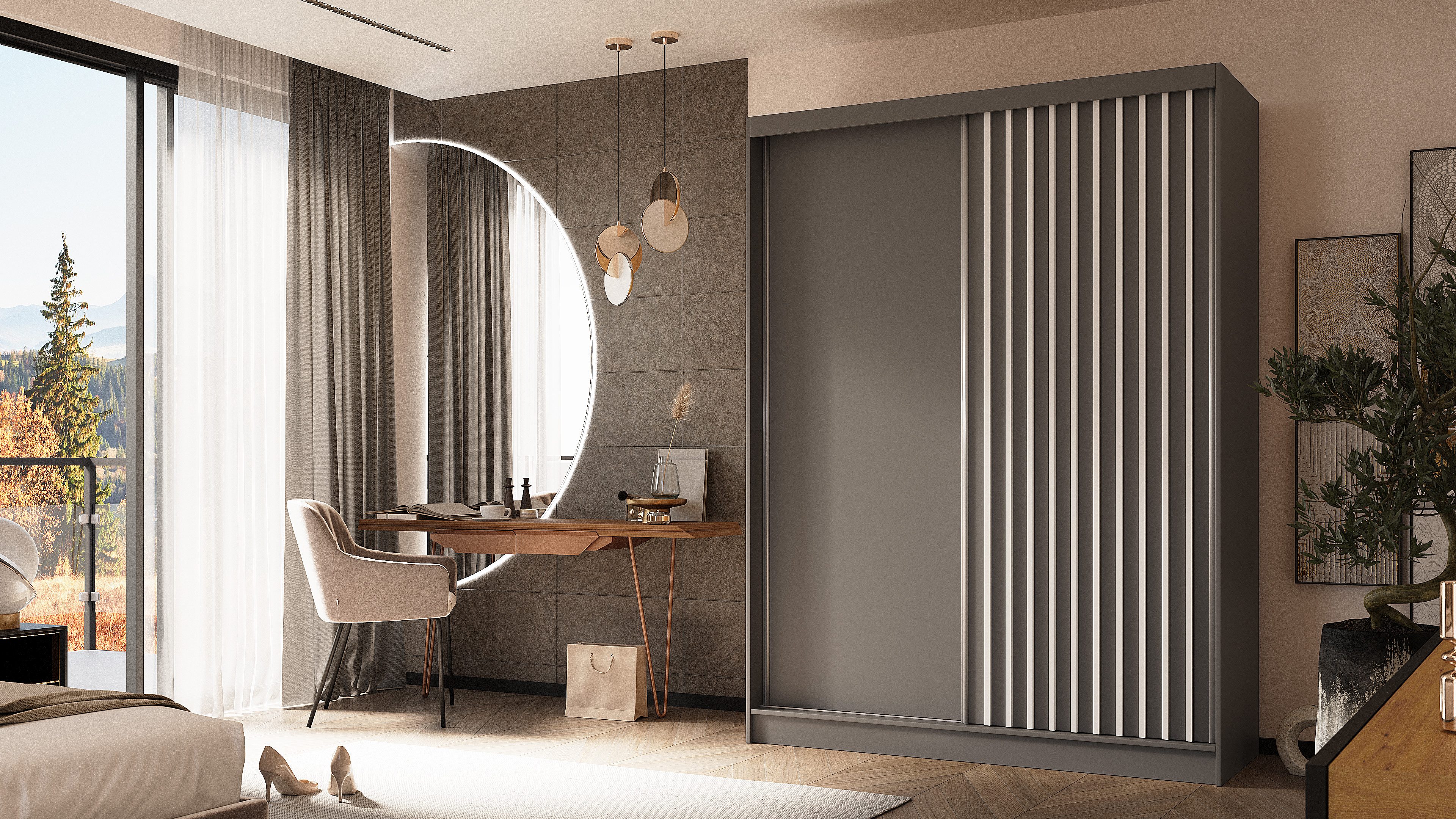 ALTDECOR Schiebetürenschrank LABELLO (Kleiderschrank Garderobenschrank mit viel Stauraum Moderner Schrank) Vielseitiger Schwebetürenschrank Lamellen LED Beleuchtung