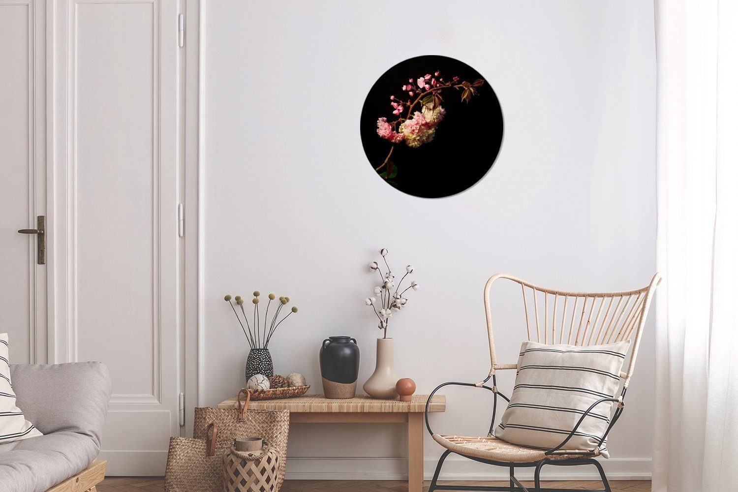 cm schwarzem Forex, Rundes Wohnzimmer, Kreis MuchoWow 30x30 Kirschblüte Wanddekoration Eine Gemälde vor St), Wandbild, (1 Hintergrund,