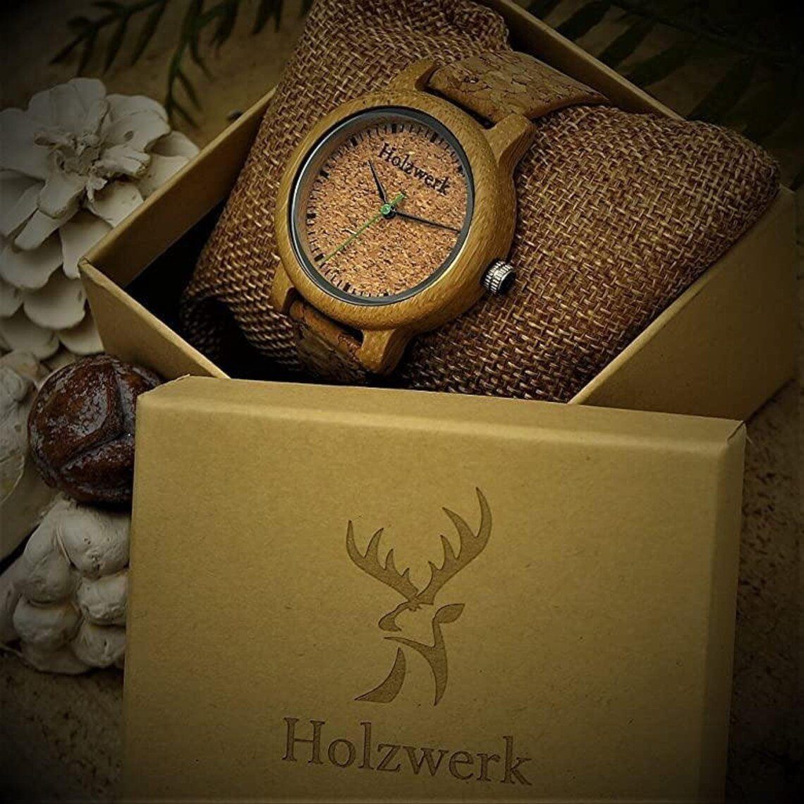 Holzwerk Quarzuhr HILDEN kleine Holz Armband in beige Leder, Damen Kork & Uhr