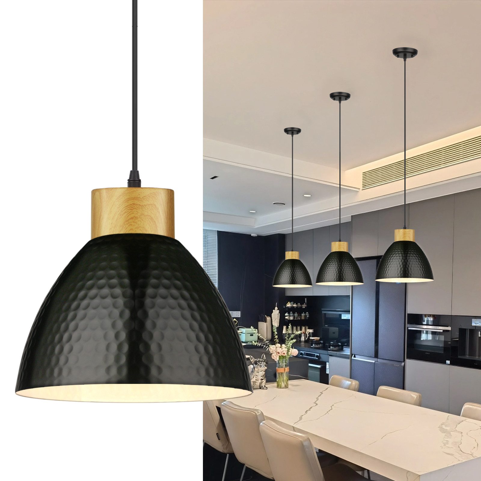 POPOLIC Pendelleuchte Deckenlampe Deckenleuchte höhenverstellbar bis 165cm, dimmbar, Holzoptik, inkl. Montagezubehör, für Wohnzimmer, Schlafzimmer, Flur