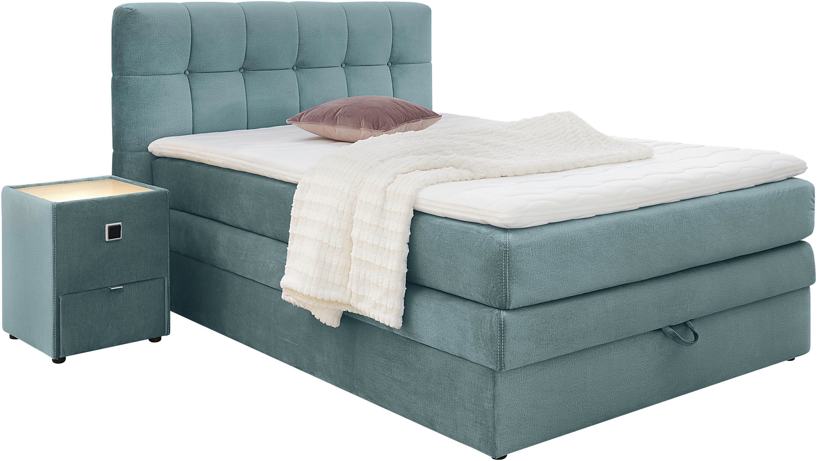 Jockenhöfer Gruppe Boxspringbett AMY mit Bettkasten, inkl. Bonnell- oder Taschenfederkernmatratze H2-H4, mit 6 cm Kaltschaum-Topper, Samt-Bezug, 120x200 und 140 – Bild 2 von 5