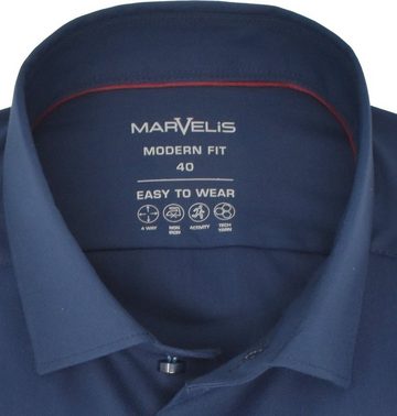 MARVELIS Businesshemd Easy To Wear Hemd - Modern Fit - Langarm - Einfarbig - Dunkelblau 4-Wege-Stretch