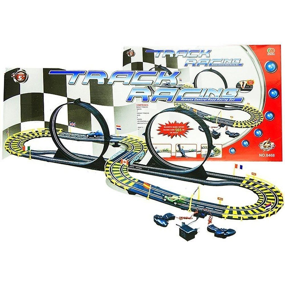 LEAN TOYS Autorennbahn Rennbahn Loopingstrecke Rennwagenset (Streckenlänge 5.65 m), (Spar-Set, 1-tlg., 168 x 68 cm mit Looping), 565 cm Strecke, 2 Loopings, 2 Rennwagen, Netzteil