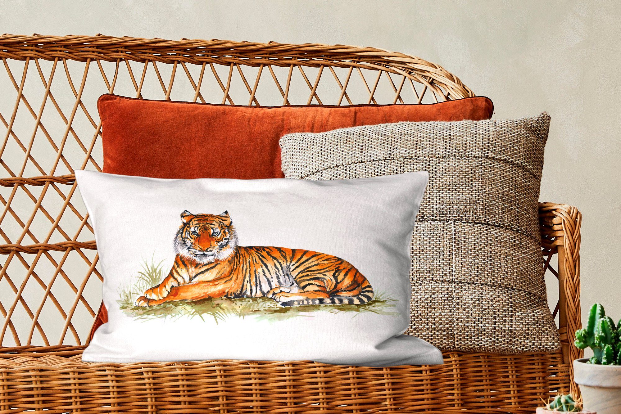 Dekokissen MuchoWow - Wohzimmer Füllung, Dekokissen Orange, Tiger Zierkissen, Gemälde Dekoration, mit - Schlafzimmer