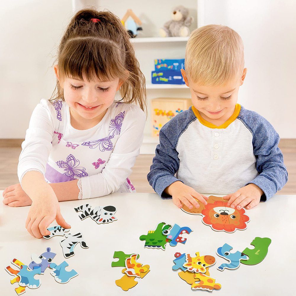 Holzpuzzle Konturenpuzzle Juoungle Puzzles Lernen Puzzleteile Form Frühes Bunt(Wildes Tier) Lernspielzeug, Kinder Set,
