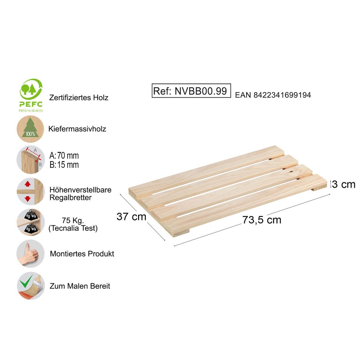 Astigarraga Kit Line Einlegeboden Nova Kiefernholz Regalboden Regaleinsatz, Kombinierbar mit Nova-Regalen, hohe Tragkraft