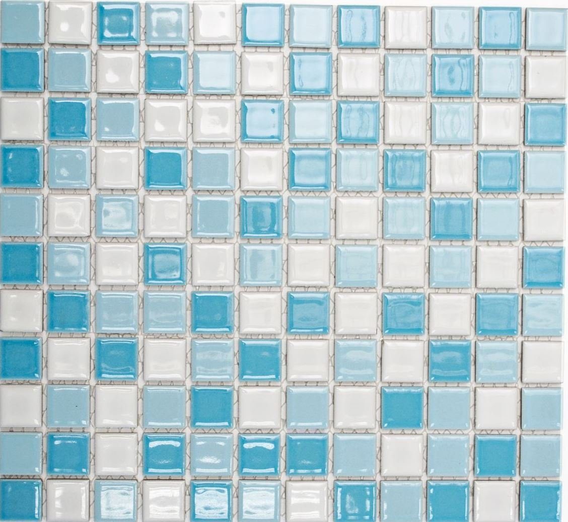 Mosani Mosaikfliesen Keramik Mosaik Schwimmbadmosaik Fliese blau weiss glänzend Duschwand