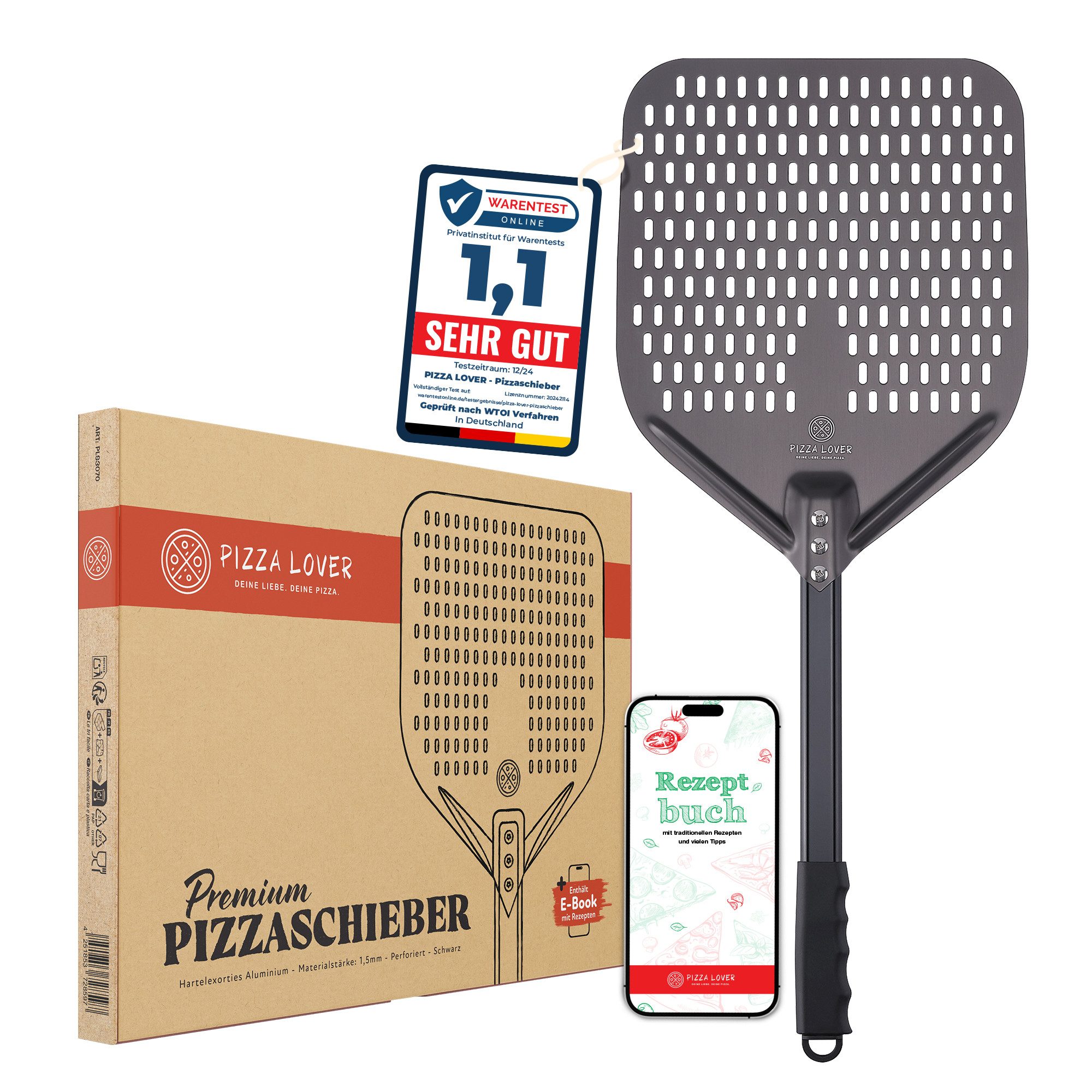 Pizza Lover Pizzaschieber Pizzaheber Harteloxierte perforierte 30x70 cm Aluminium Pizzaschaufel, Pizzaheber. Pizzaschieber 30x70 cm