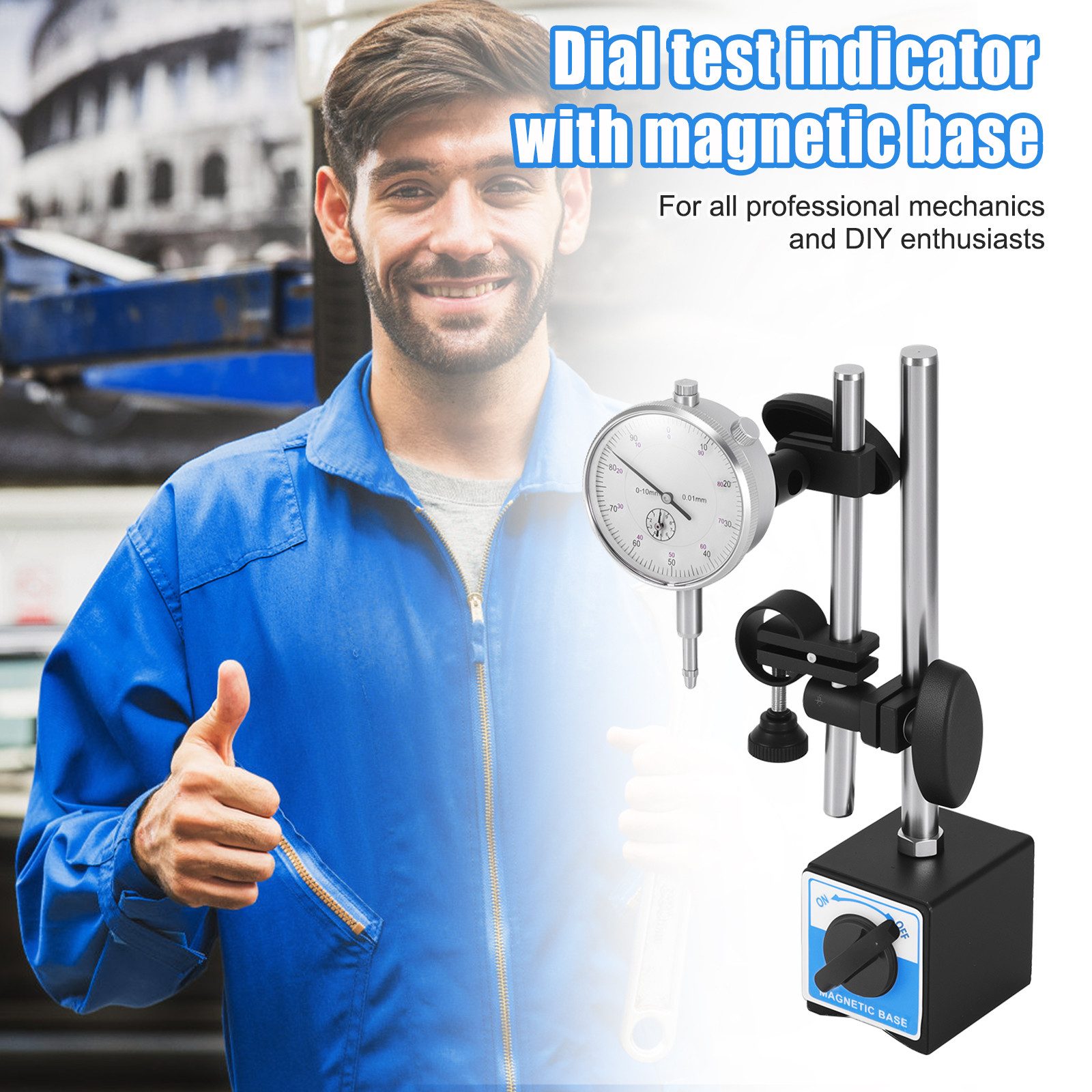 BlingBin Bremsscheiben-Richtwerkzeug Magnet-Messstativ mit Messuhr Basis Halter Flexibler Magnetfußhalter, Feinmessuhr 0,01 mm nach DIN 878, Magnetfuß 80 kg Haftkraft