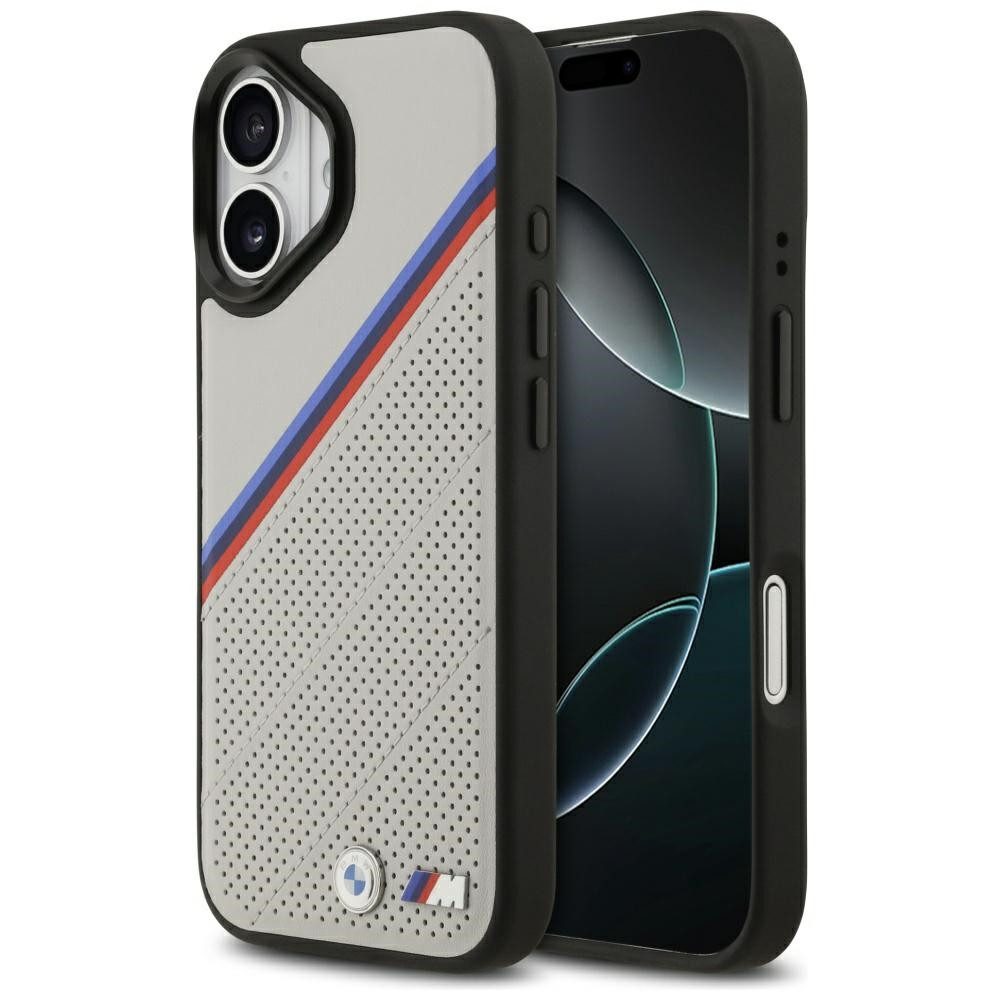 BMW Handyhülle Case iPhone 17 MagSafe Kunstleder grau Tricolor Logo Metall 6,3 Zoll, Kantenschutz
