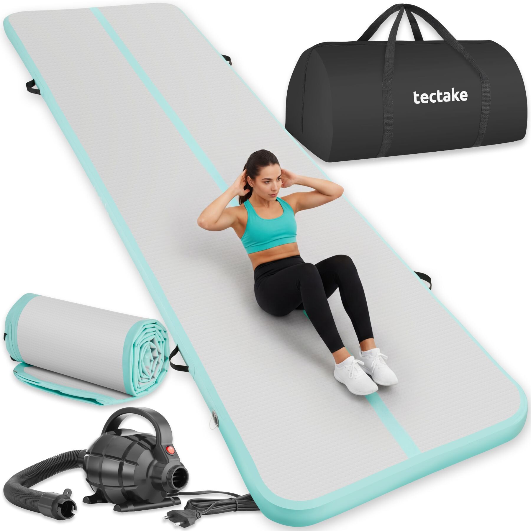 tectake Trainingsmatte Airtrack Trainingsmatte (4er Set, Sportmatte), Aufblasbare Gymnastikmatte, elektr. Luftpumpe, Adapter, Reparaturset