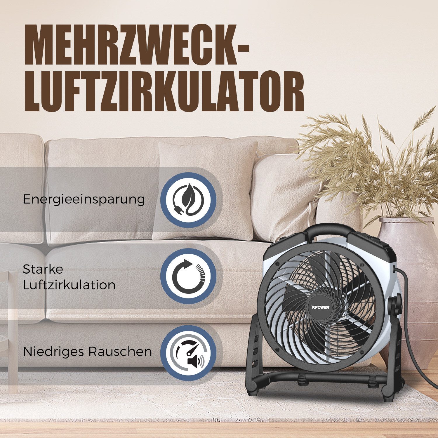 XPOWER Tischventilator Luftumwälz Utility Lüfter Elektro Ventilator Laufradventilator, 60W, 900CFM, 3-Stunden-Timer & 4 verstellbare Geschwindigkeiten – Bild 2 von 5