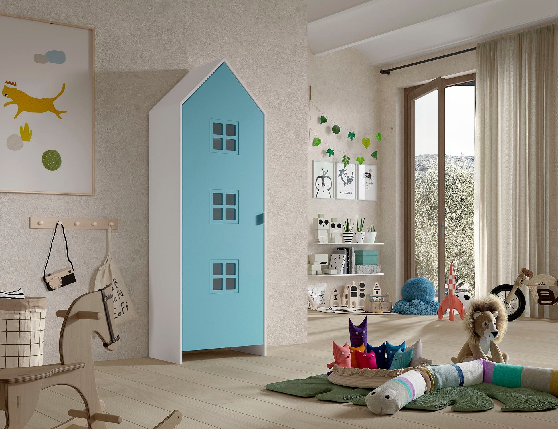 58 aufm Kessel Mehrzweckschrank Regalschrank Kania 58x37x171 Standregal MDF Weiß/Blau (inkl. Versand, Lieferung bis Verwendungsstelle) Schrank, 3 Einlegeböden, Kleiderstange, Metallgriff, Wandbefestigung