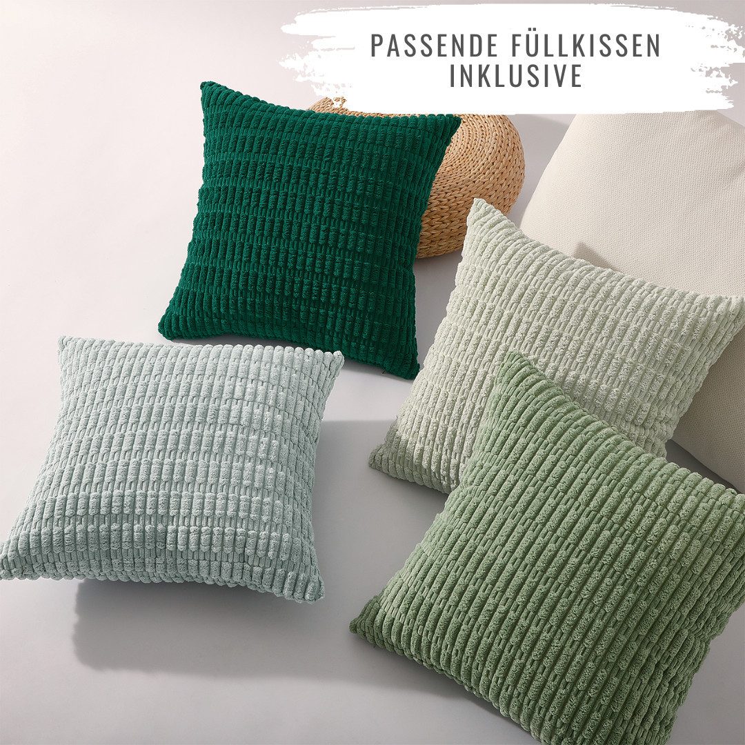 Interior by Hakito Dekokissen 4er Set Kissenbezüge inklusive Füllkissen Set Mosa Kordsamt weich, Kissenhülle mit Füllung