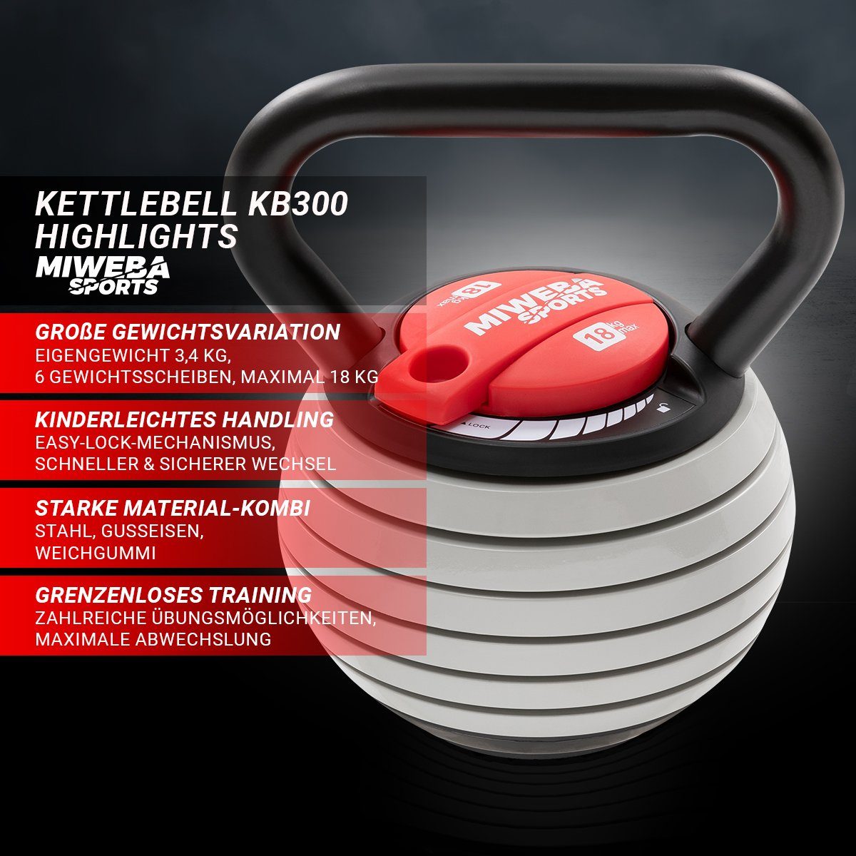 Miweba Sports Kettlebell Kettlebell KB300, verstellbare Hantel - 3,4-18 kg - 6 Gewichtscheiben, (2x 2,1 kg - 2x 2,5 kg - 2x 2,7 kg, Anti-Rutsch-Griff, Kraftraining, Kugelgewicht, Kettle Bell), Profi Fitness Sport Schwunghantel Hantel Kugelhantel Gewichte
