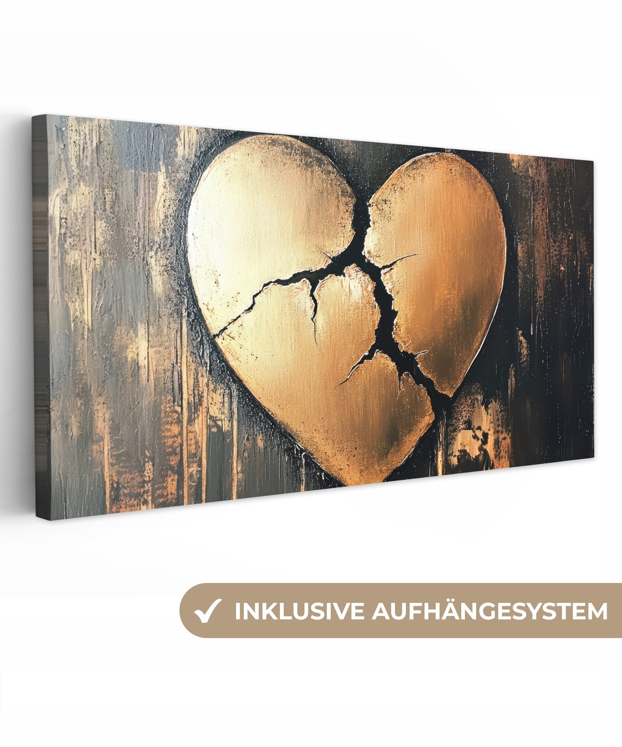 OneMillionCanvasses® Leinwandbild Panorama Gebrochenes Herz - Gold - Holzoptik - Liebe, Fotodruck (1 St), Leinwand Изображения für Wohnzimmer Schlafzimmer 60x30 cm