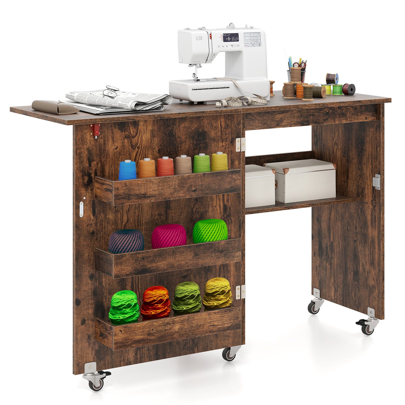COSTWAY Schreibtisch, Nähtisch klappbar, Nähschrank mit Rollen, Holz günstig online kaufen