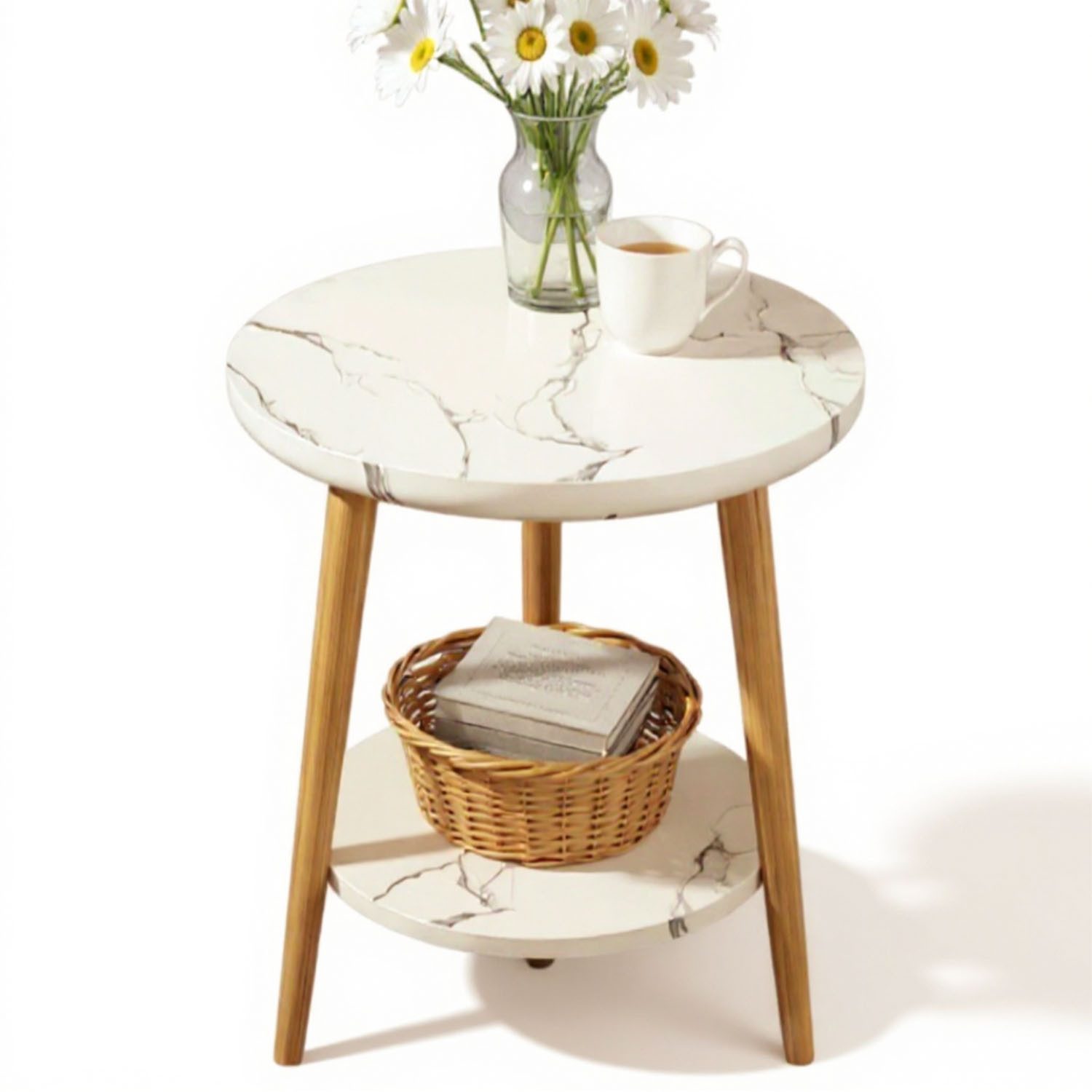 HEYHIPPO Beistelltisch Warmweißer doppelschichtiger Couchtisch aus Holz kleiner Beistelltisch (Ein Tisch, Rutschfest, nur 0,28 m² Fläche, stabile Dreiecksstruktur), Moderner kleiner Nachttisch, Couchtisch, einfache Montage,50×50×60 cm