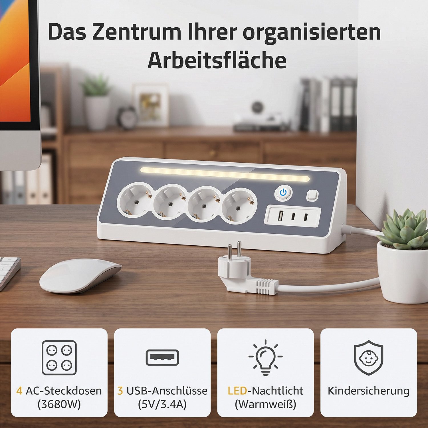AKKEE Tischsteckdosenleiste, Eck-Steckdosenleiste Mehrfachsteckdose, 4 Fach Mehrfachsteckdose mit USB und 2 Type-C