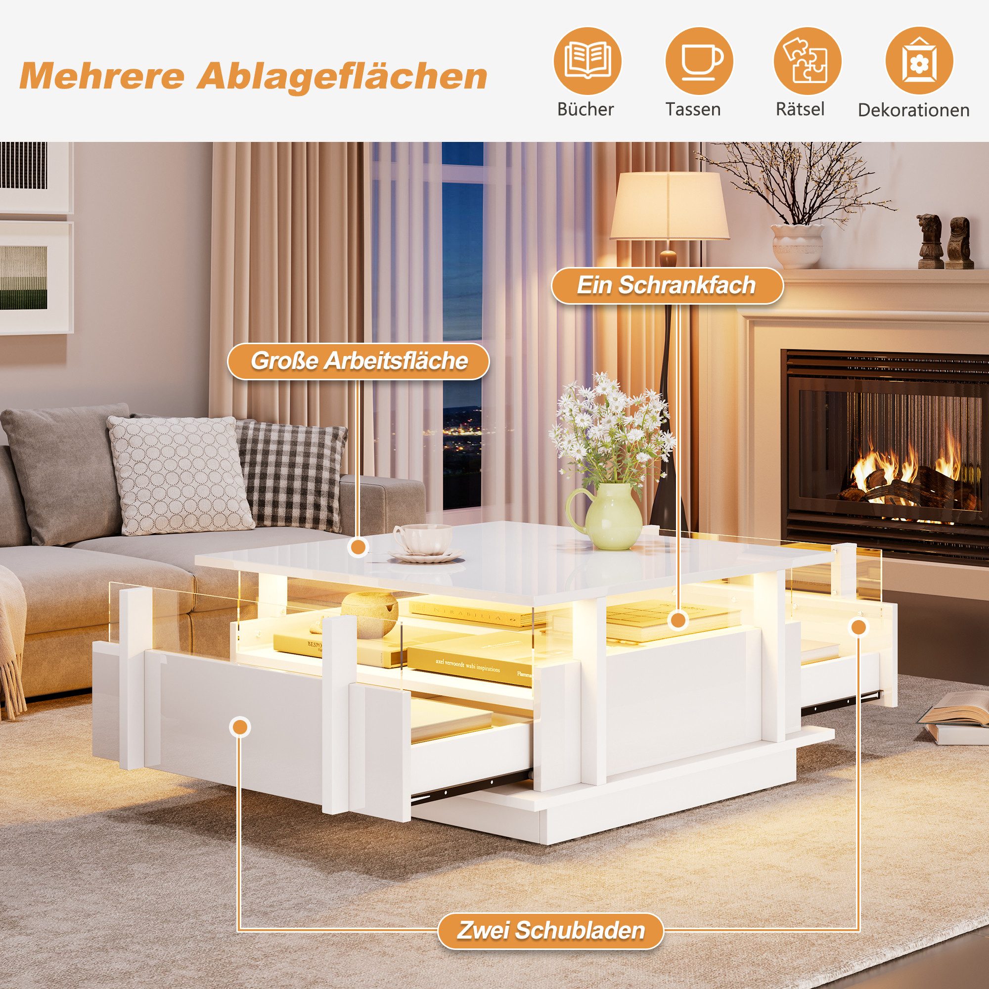 Merax Couchtisch hochglanz Sofatisch Beistelltisch mit LED-Beleuchtung (70×70×35cm, 1-St), Wohnzimmertisch mit 2 Schubladen & Transparente Acryl-Trennwand – Bild 5 von 5