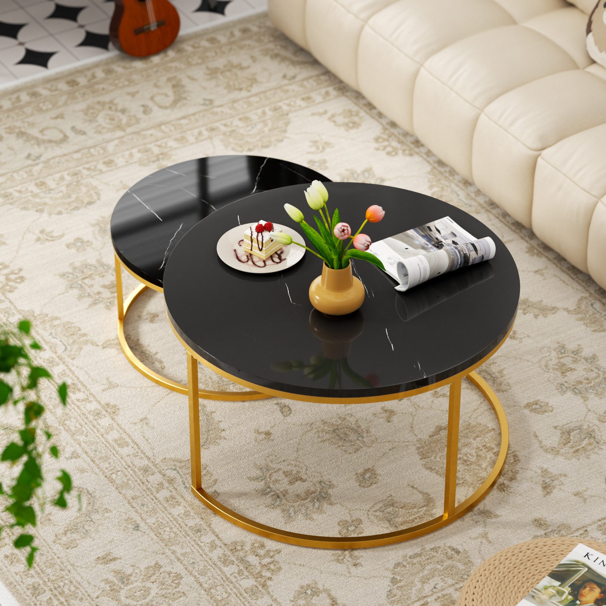 REDOM Couchtisch und 2er Set, Beistelltisch für Schlafzimmer Balkon (Runder Couchtisch, stabil und langlebig für stilvolles Wohnen, 2-St., 80x80x45 cm und 60x60x33.5 cm)