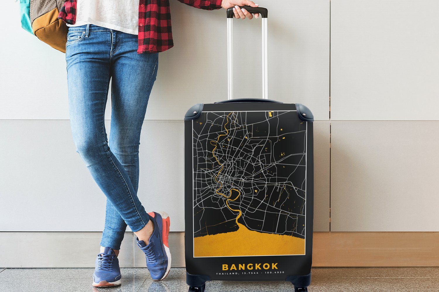 MuchoWow Handgepäckkoffer für - - rollen, - Stadtplan, 4 Rollen, Handgepäck Karte Gold Ferien, Bangkok mit Reisetasche Reisekoffer Trolley