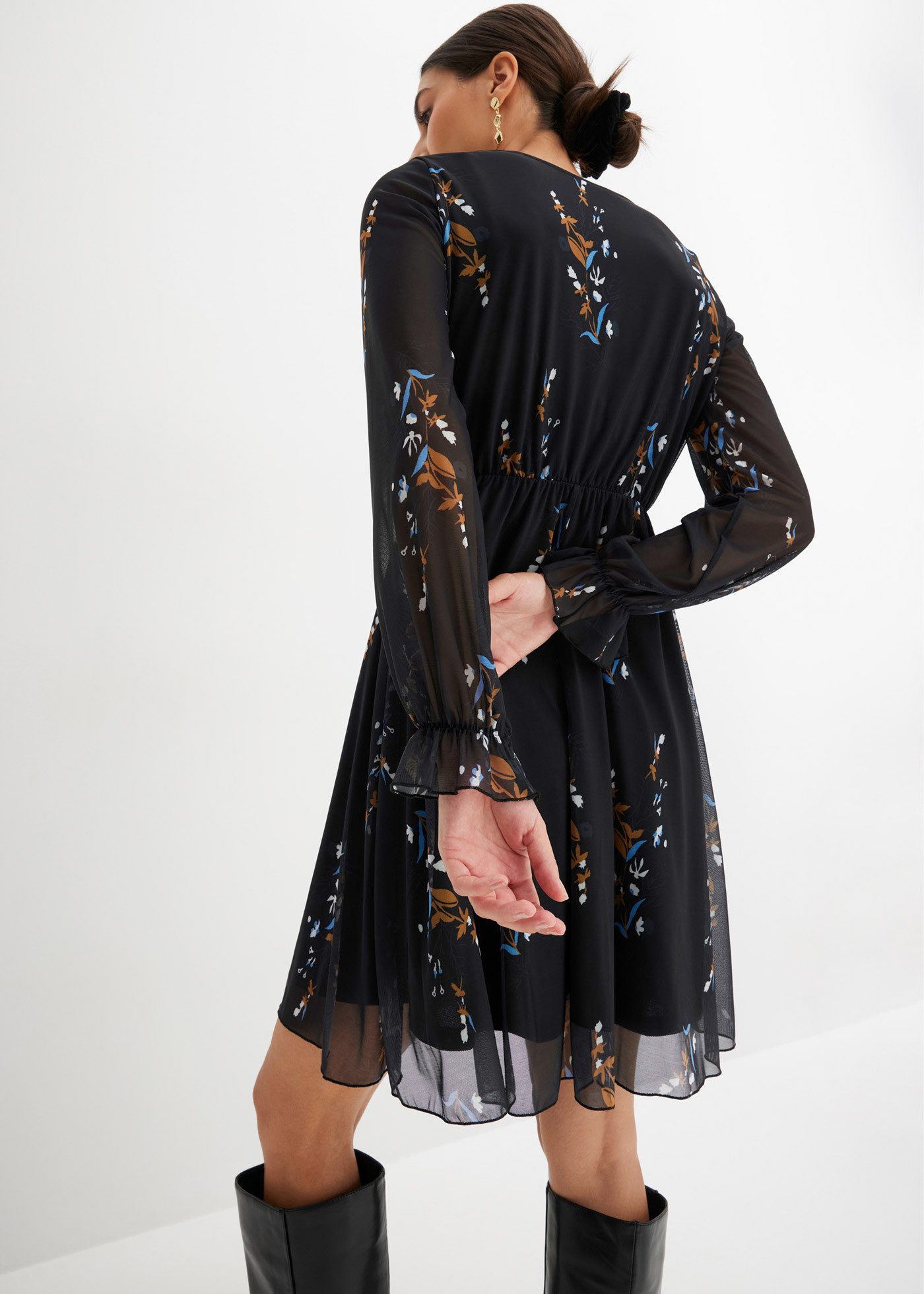 bonprix Minikleid mit langem Arm, V-Ausschnitt, Wickel-Optik, mit floralem Print
