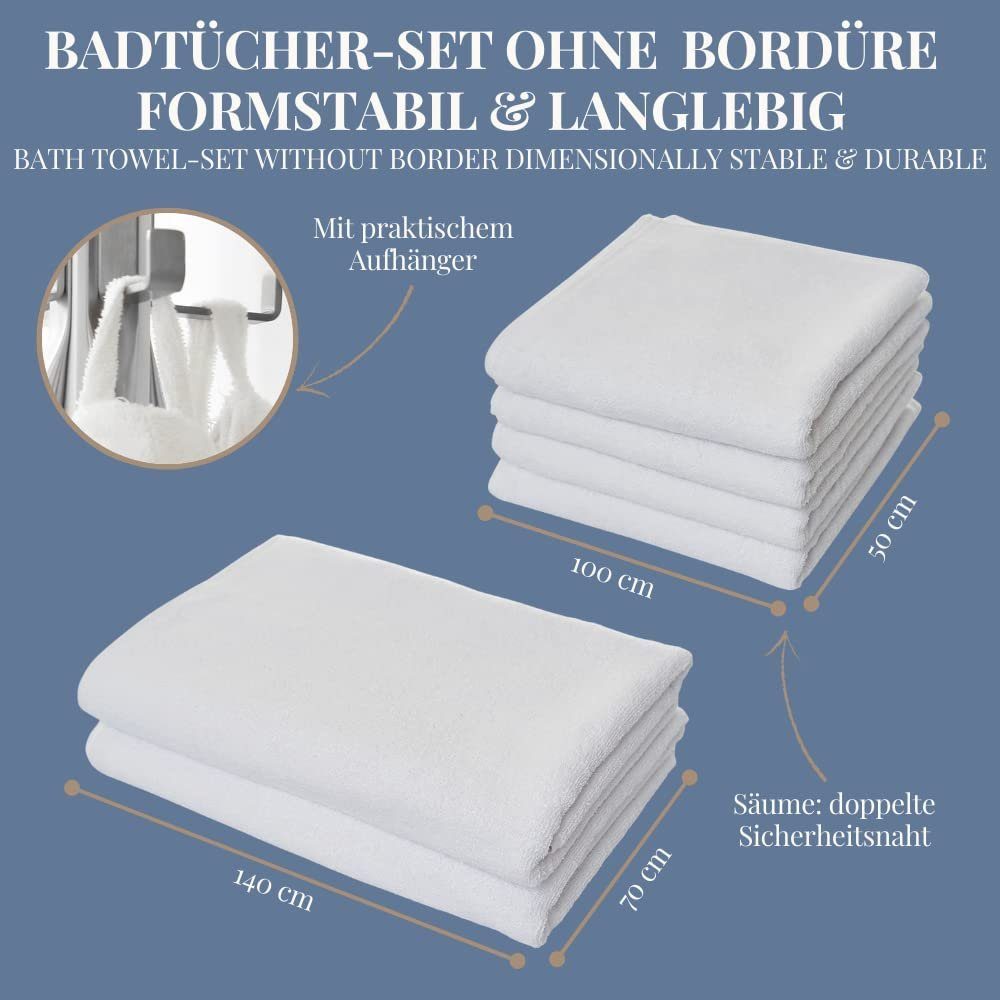 Carenesse Handtuch Set 4x uni Handtuch saugstark, Badvorleger Handtuch, 100% Frotteehandtuch & Set fusselfrei glatt 2x Duschtuch, weiß, 8-tlg. Towel 2x Baumwolle
